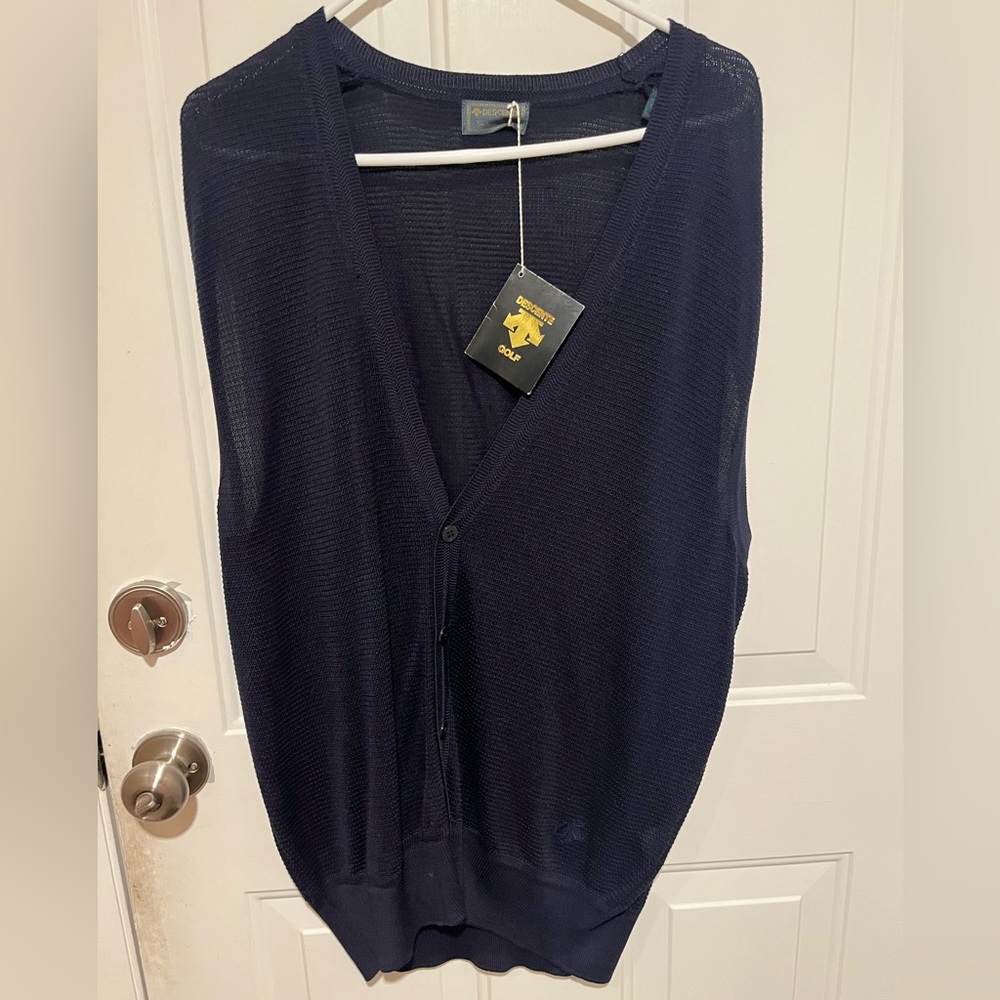Descente Golf Cardigan Sweater - Navy Blue - Mens Large - 100% Silk - NWT